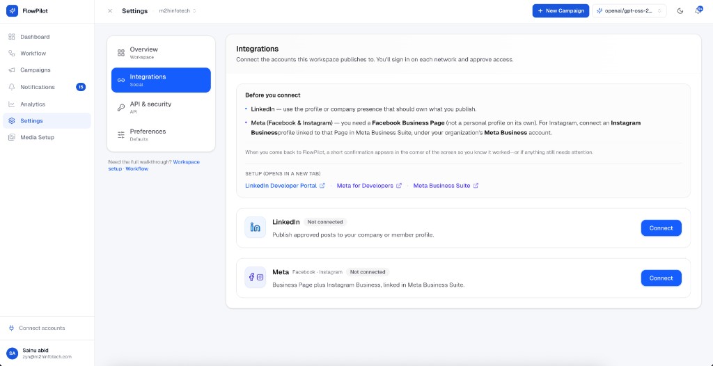 FlowPilot Integrations — connect LinkedIn and Meta